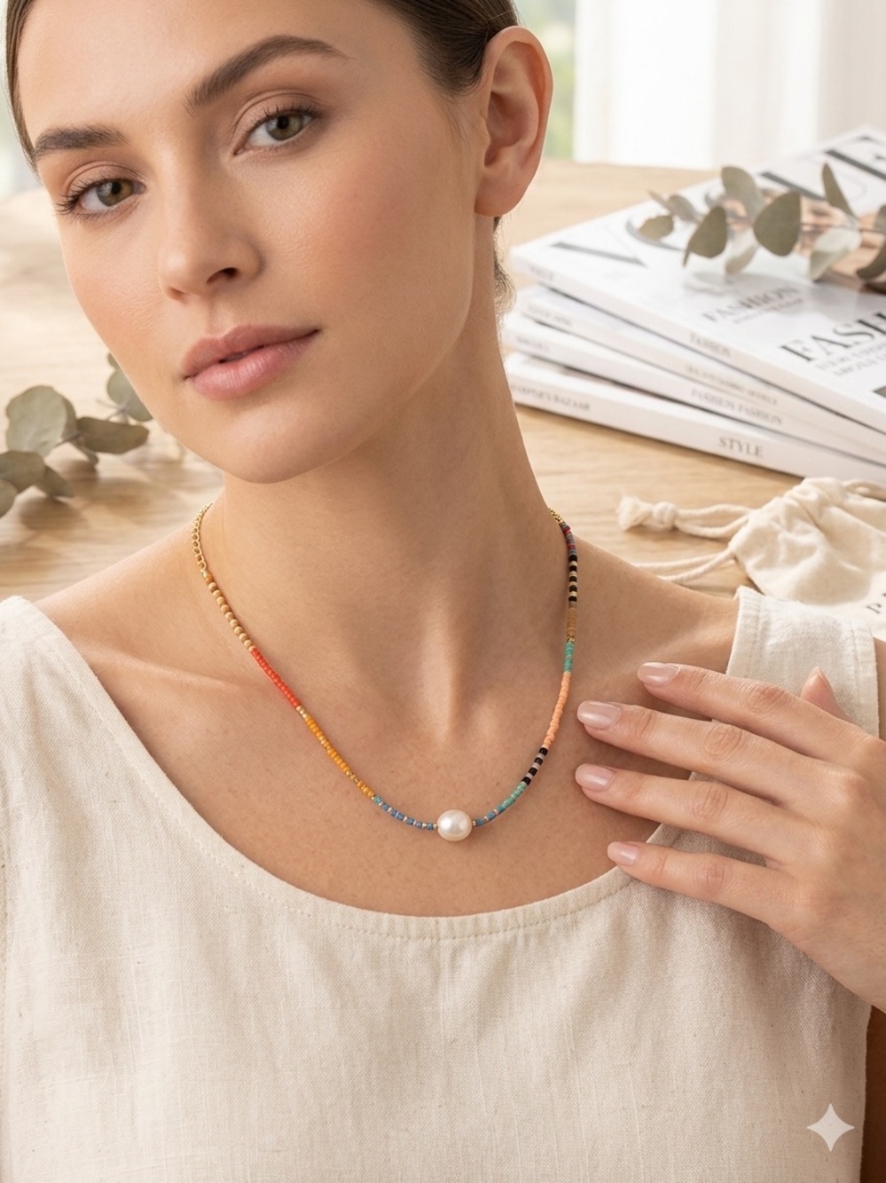 Plunder Design Colorful Seed Bead & Pearl Necklace – Summer Boho Accessory